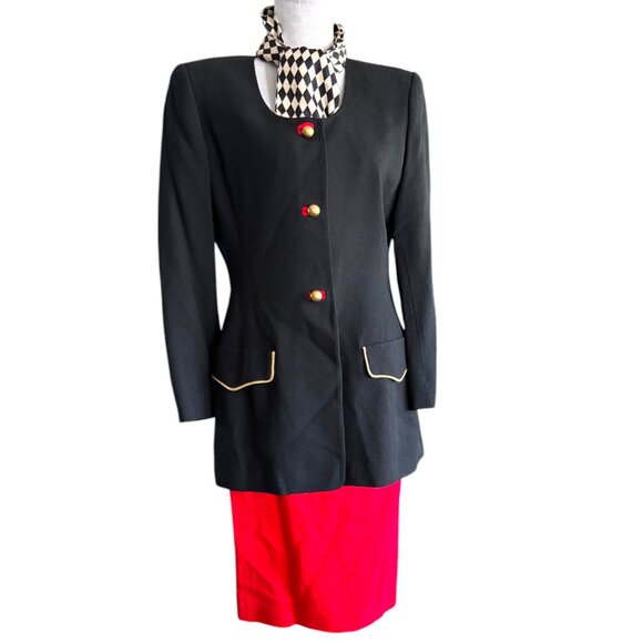 BICCI Florine Wachter VNTG Black Red Skirt/Blazer/Scarf Suit Gold Accents Sz 8 - Picture 2 of 16